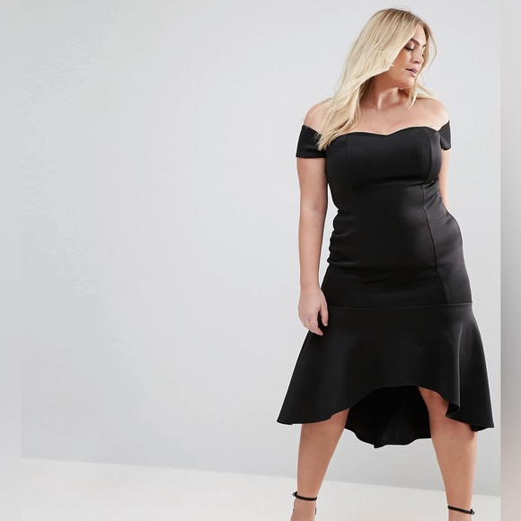 Club L Plus Bardot Off Shoulder Peplum Hem Dress, black, size 22 UK and 18 US - Picture 2 of 5